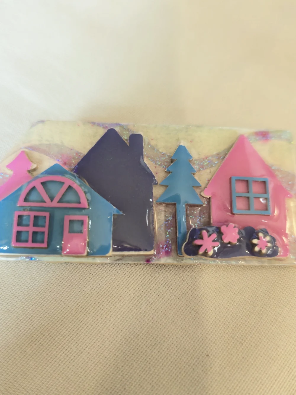 Colorful Village Enamel Brooch - Pink & Blue